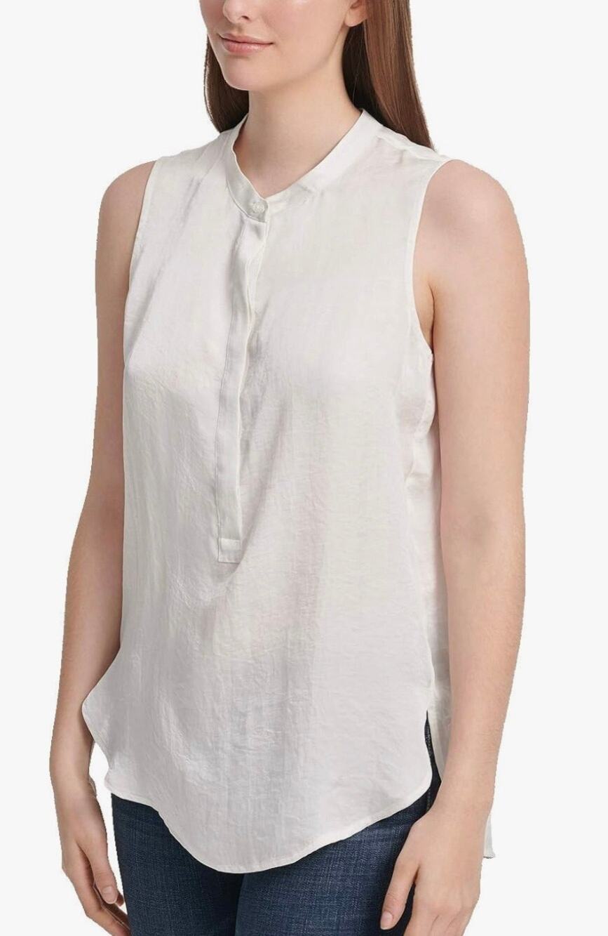 NWT DKNY Womens Collarless Sleeveless Button Up Top Blouse, Size L